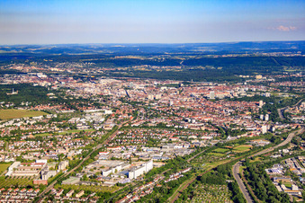 Vue aérienne de Vue de la ville depuis le nord-ouest avec la rocade sud (B10) et Siemens AG, site de production et de développement Karlsruhe à le quartier Knielingen in Karlsruhe dans le département Bade-Wurtemberg, Allemagne