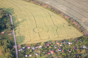 Vue aérienne de Pas de crop circles mais des traces d'évitement à travers les poteaux électriques à le quartier Bad Suderode in Quedlinburg dans le département Saxe-Anhalt, Allemagne