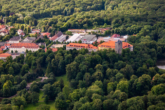 Vue aérienne de Château et parc du château avec étang du château Ballenstedt vu du nord à Ballenstedt dans le département Saxe-Anhalt, Allemagne