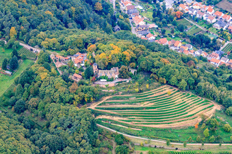 Vue aérienne de Château de Kropsburg et taverne du château de Kropsburg à le quartier SaintMartin in Sankt Martin dans le département Rhénanie-Palatinat, Allemagne