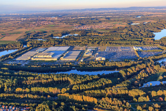 Centre logistique mondial Mercedes-Benz sur l'île de Grün à Germersheim dans le département Rhénanie-Palatinat, Allemagne depuis l'avion