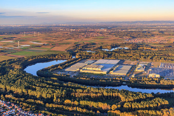 Vue d'oiseau de Centre logistique mondial Mercedes-Benz sur l'île de Grün à Germersheim dans le département Rhénanie-Palatinat, Allemagne