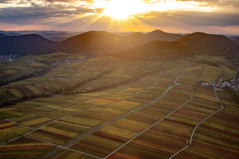 Vue aérienne de Coucher de soleil entre Ranschbach et Leinsweiler à Ilbesheim bei Landau dans le département Rhénanie-Palatinat, Allemagne