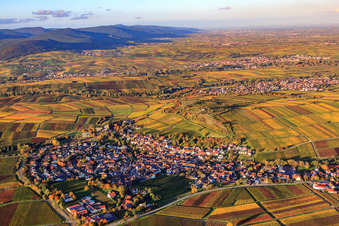 Vue oblique de Réserve naturelle Kleine Kalmit au-dessus du village viticole à Ilbesheim bei Landau dans le département Rhénanie-Palatinat, Allemagne
