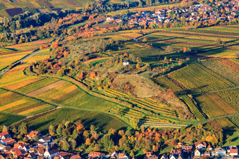 Réserve naturelle Kleine Kalmit au-dessus du village viticole à Ilbesheim bei Landau dans le département Rhénanie-Palatinat, Allemagne d'en haut