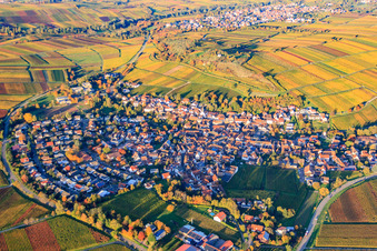 Réserve naturelle Kleine Kalmit au-dessus du village viticole à Ilbesheim bei Landau dans le département Rhénanie-Palatinat, Allemagne depuis l'avion