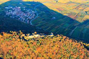 Ruines du château de Madenburg dans la forêt aux couleurs d'automne à Eschbach dans le département Rhénanie-Palatinat, Allemagne vue d'en haut