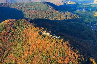 Vue d'oiseau de Ruines du château de Madenburg dans la forêt aux couleurs d'automne à Eschbach dans le département Rhénanie-Palatinat, Allemagne