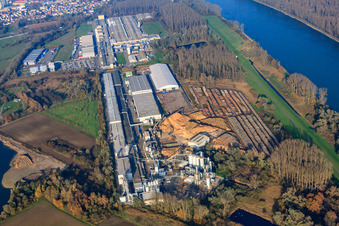 Photographie aérienne de Zone industrielle au bord du Rhin avec Rheinspan GmbH & Co. KG, Knaus Carpentry - Johann Knaus & Viktor Knaus GbR et Express Möbel GmbH & Co. KG à Germersheim dans le département Rhénanie-Palatinat, Allemagne
