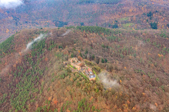 Photographie aérienne de Ruines du château de Madenburg sous des nuages de brouillard à Eschbach dans le département Rhénanie-Palatinat, Allemagne