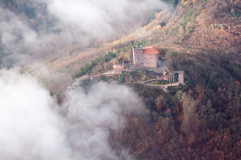 Vue aérienne de Complexe du château du Reichsburg Trifels entouré de forêt dans le brouillard à Annweiler am Trifels dans le département Rhénanie-Palatinat, Allemagne