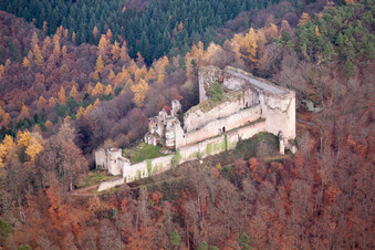 Vue aérienne de Ruines et vestiges des murs de l'ancien complexe du château et de la forteresse du château de Neuscharfeneck à Dernbach dans le département Rhénanie-Palatinat, Allemagne