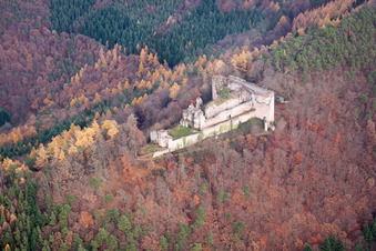 Vue aérienne de Ruines et vestiges des murs de l'ancien complexe du château et de la forteresse de Neuscharfeneck dans la forêt automnale à Flemlingen dans le département Rhénanie-Palatinat, Allemagne