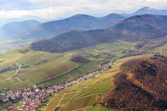 Vue aérienne de Village viticole entre vignes nues à Ranschbach dans le département Rhénanie-Palatinat, Allemagne