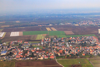 Vue aérienne de Poststraße depuis le sud à le quartier Niederlustadt in Lustadt dans le département Rhénanie-Palatinat, Allemagne