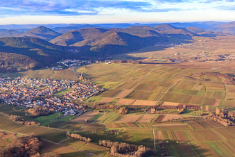 Photographie aérienne de Village viticole en hiver entre les vignes nues du sud-est à Klingenmünster dans le département Rhénanie-Palatinat, Allemagne