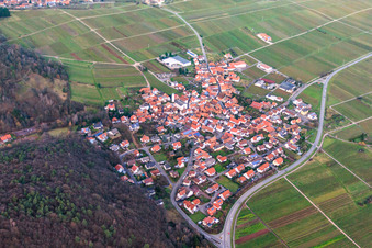 Vue aérienne de Village viticole en hiver entre les vignes nues du sud-ouest à Eschbach dans le département Rhénanie-Palatinat, Allemagne