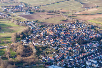 Vue des rues et des maisons dans les quartiers résidentiels à le quartier Ingenheim in Billigheim-Ingenheim dans le département Rhénanie-Palatinat, Allemagne depuis l'avion