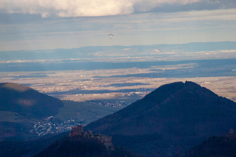 Vue aérienne de Trifels et Hohenberg à Birkweiler dans le département Rhénanie-Palatinat, Allemagne