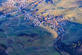 Vue aérienne de Village au-dessus du vignoble de Kastanienbusch en hiver vu de l'ouest à Birkweiler dans le département Rhénanie-Palatinat, Allemagne