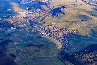 Vue aérienne de Village au-dessus du vignoble de Kastanienbusch en hiver vu de l'ouest à Birkweiler dans le département Rhénanie-Palatinat, Allemagne