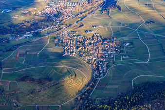 Village au-dessus du vignoble de Kastanienbusch en hiver vu de l'ouest à Birkweiler dans le département Rhénanie-Palatinat, Allemagne d'en haut