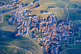 Village au-dessus du vignoble de Kastanienbusch en hiver vu de l'ouest à Birkweiler dans le département Rhénanie-Palatinat, Allemagne vue d'en haut