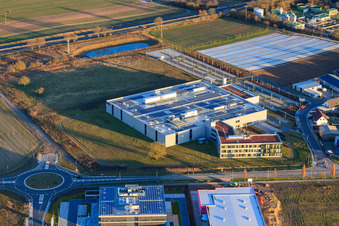 Vue aérienne de DBK EMS GmbH & Co. KG dans le parc industriel de Nordring à Rülzheim dans le département Rhénanie-Palatinat, Allemagne