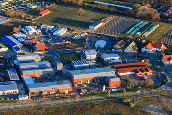 Vue aérienne de Zone industrielle de Nordring avec NETTO et caserne de pompiers volontaires Rülzheim et Serr Wintergärten GmbH à Rülzheim dans le département Rhénanie-Palatinat, Allemagne