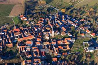 Vue oblique de Église catholique Saint-Laurent et jardin Laurentius dans la Pfaffengasse à Göcklingen dans le département Rhénanie-Palatinat, Allemagne