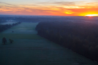 Vue aérienne de Les plaines d'Otterbach dans la brume matinale au lever du soleil à Kandel dans le département Rhénanie-Palatinat, Allemagne