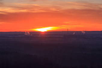 Vue aérienne de Lever de soleil sur le Bienwald à Jockgrim dans le département Rhénanie-Palatinat, Allemagne
