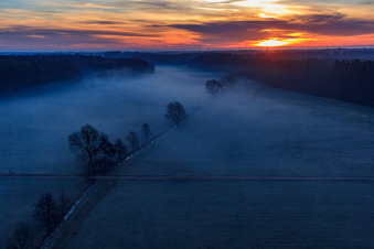Photographie aérienne de Les plaines d'Otterbach dans la brume matinale au lever du soleil à Minfeld dans le département Rhénanie-Palatinat, Allemagne
