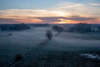 Vue aérienne de Le lever du soleil et le brouillard sur un champ à Minfeld colorent le ciel en jaune et orange à le quartier Büchelberg in Wörth am Rhein dans le département Rhénanie-Palatinat, Allemagne