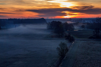 Enregistrement par drone de Les plaines d'Otterbach dans la brume matinale au lever du soleil à Minfeld dans le département Rhénanie-Palatinat, Allemagne