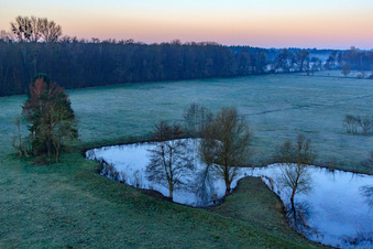 Biotope dans la plaine d'Otterbach dans la brume matinale à Minfeld dans le département Rhénanie-Palatinat, Allemagne depuis l'avion