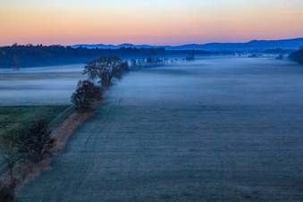 Vue aérienne de Neugraben dans la plaine d'Otterbach dans la brume matinale à Freckenfeld dans le département Rhénanie-Palatinat, Allemagne