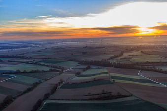 Vue aérienne de Parc éolien Minfeld au lever du soleil à Minfeld dans le département Rhénanie-Palatinat, Allemagne