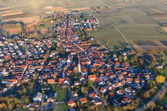 Vue aérienne de Église catholique Saint-Laurent et jardin Saint-Laurent dans la Pfaffengasse le matin depuis l'est à Göcklingen dans le département Rhénanie-Palatinat, Allemagne