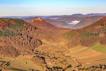 Vue aérienne de Le château de Trifels depuis la vallée de Ranschbach à Ranschbach dans le département Rhénanie-Palatinat, Allemagne
