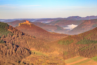 Vue aérienne de Le château de Trifels depuis la vallée de Ranschbach à Ranschbach dans le département Rhénanie-Palatinat, Allemagne