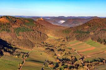 Photographie aérienne de Le château de Trifels depuis la vallée de Ranschbach à Ranschbach dans le département Rhénanie-Palatinat, Allemagne