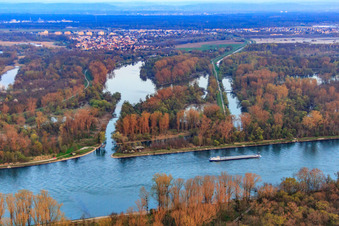 Vue aérienne de Embouchure du canal de l'Alb / canal de décharge de Pfin dans le Rhin à Leopoldshafen à le quartier Leopoldshafen in Eggenstein-Leopoldshafen dans le département Bade-Wurtemberg, Allemagne