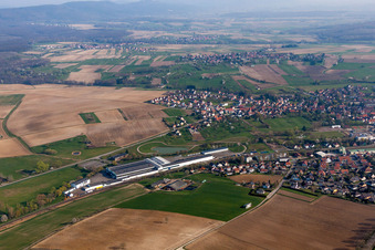 Vue aérienne de Halles de production à Soultz-sous-Forêts à Soultz-sous-Forêts dans le département Bas Rhin, France