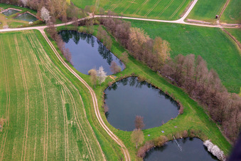 Vue oblique de Étangs à poissons sur l'Erbach à le quartier Sondheim in Mellrichstadt dans le département Bavière, Allemagne