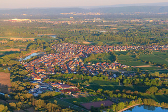 Vue aérienne de Vue du village depuis l'Epple jusqu'au Rhin depuis l'ouest à Neuburg am Rhein dans le département Rhénanie-Palatinat, Allemagne
