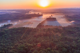 Vue oblique de Lever de soleil sur les plaines d'Otterbach dans la brume matinale à Minfeld dans le département Rhénanie-Palatinat, Allemagne