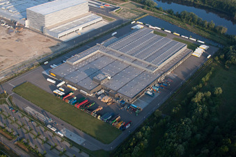 Vue aérienne de Zone industrielle et commerciale avec centre logistique Netto dans la zone industrielle d'Oberwald à Wörth am Rhein dans le département Rhénanie-Palatinat, Allemagne
