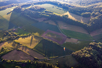 Vue aérienne de Parapente au-dessus des champs et des forêts à Pegestorf dans le département Basse-Saxe, Allemagne