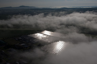 Vue aérienne de Rangées de panneaux du système photovoltaïque du parc solaire ou de la centrale solaire noyées dans une couche de brouillard due aux intempéries à le quartier Bredenborn in Marienmünster dans le département Rhénanie du Nord-Westphalie, Allemagne